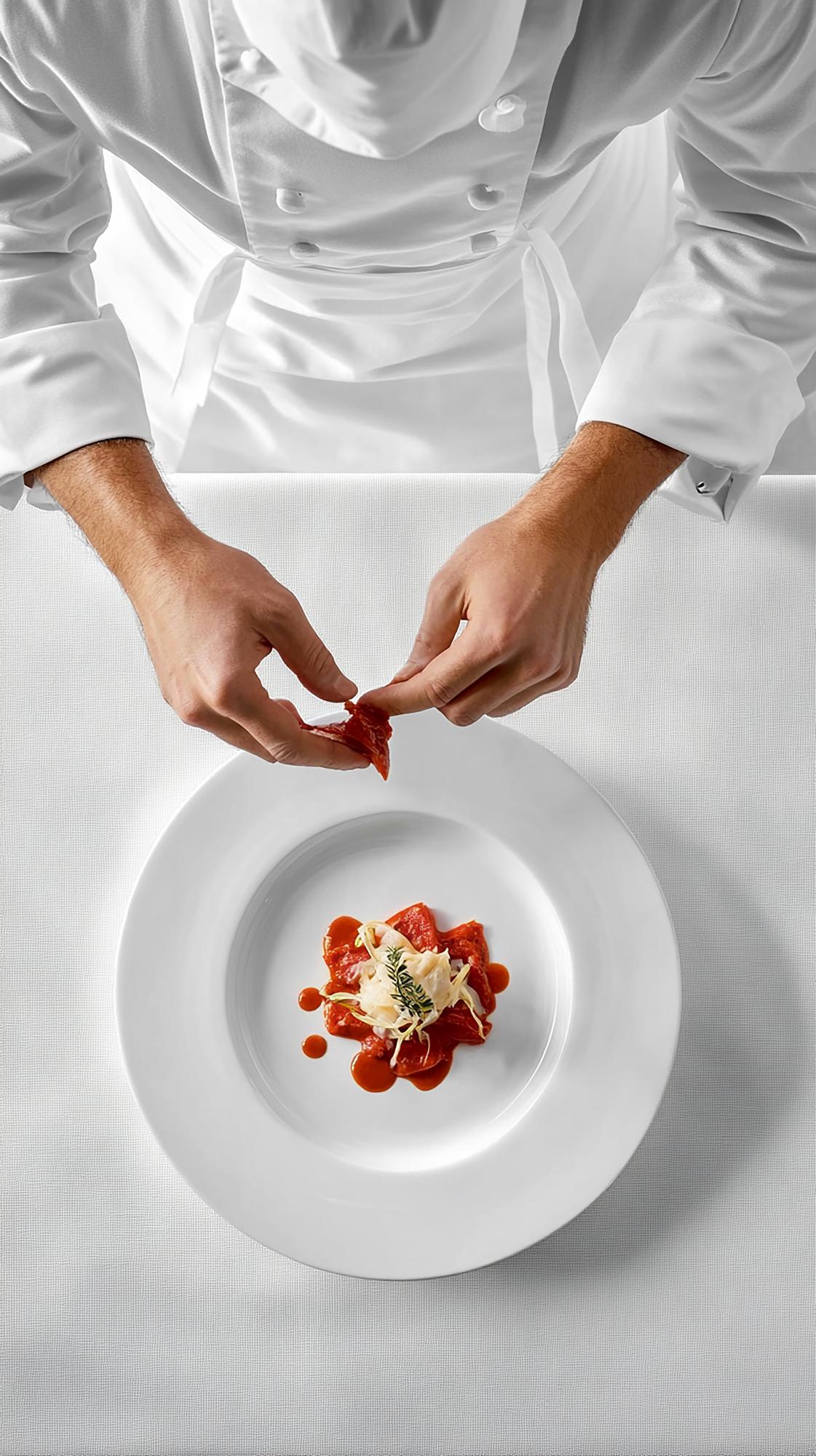 Chef demonstrating plating technique on workshop